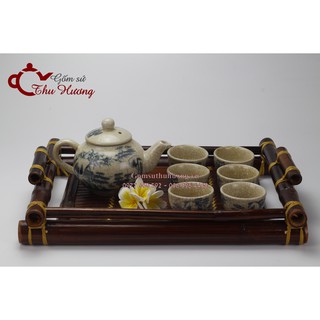 Bộ ấm chén men rạn giả cổ_Bộ bình trà Bát Tràng dáng Hồng kèm khay tre