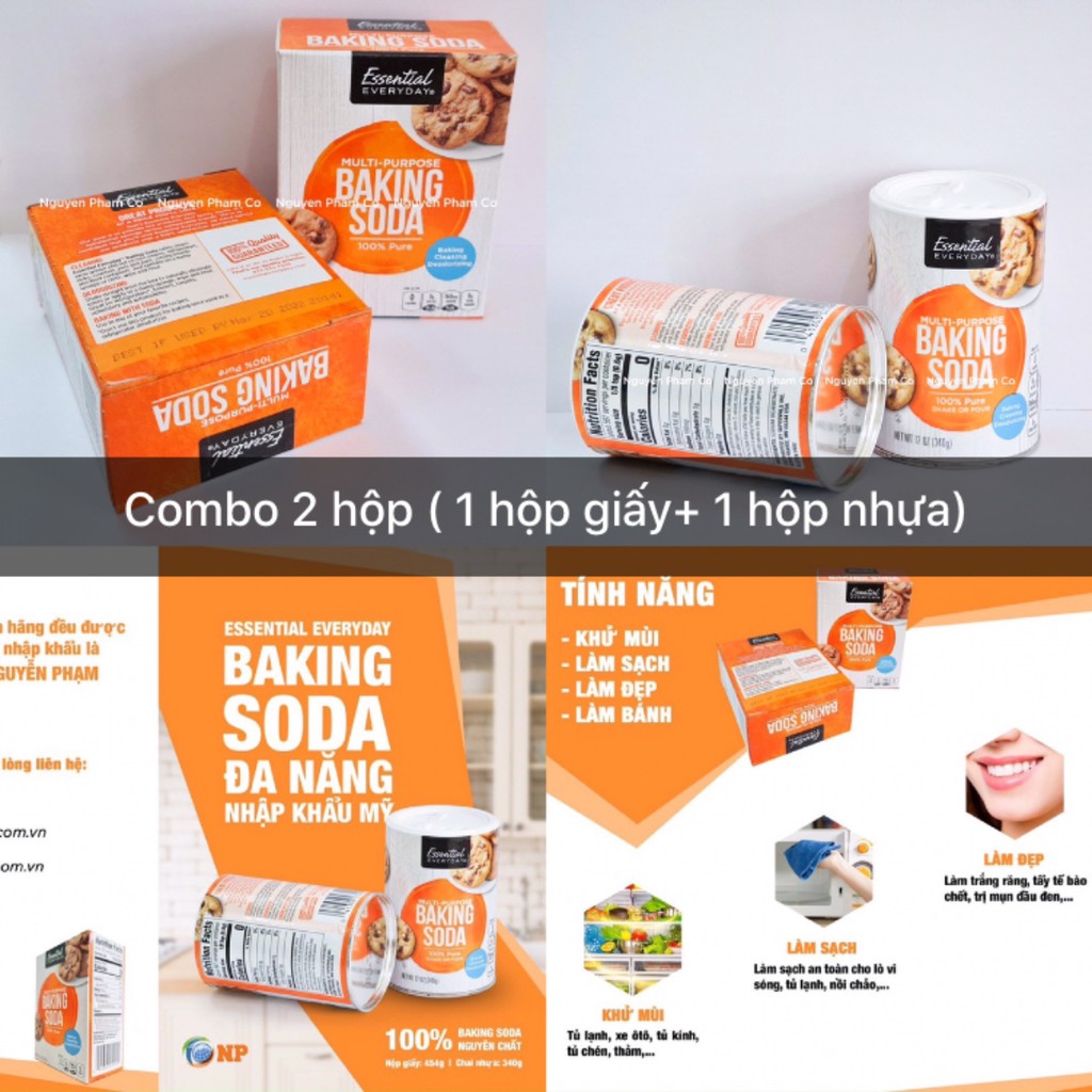 COMBO BAKING SODA ĐA NĂNG ESSENTIAL EVERYDAY NHẬP KHẨU MỸ ( 1 hộp giấy 454gr + 1 hộp nhựa 340gr)