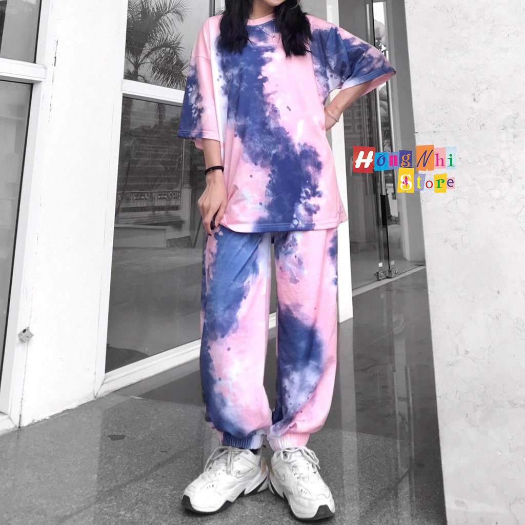 Set Bộ Áo Thun Tay Lỡ Loang Màu Tie Tee Phối Quần Jogger 3D Ulzzang Unisex Dáng Rộng - MM