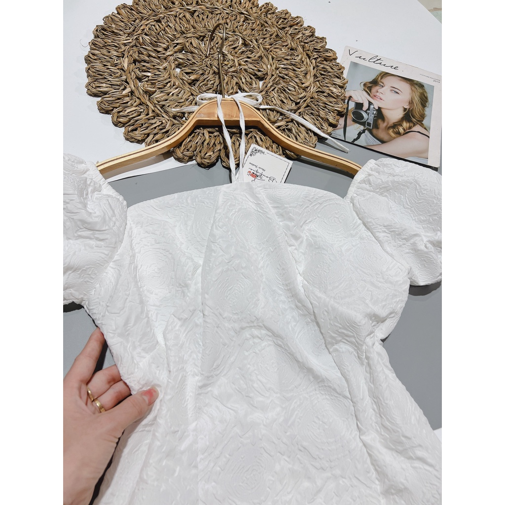 Váy trắng tiểu thư tay bồng, Váy trắng dự tiệc hoa văn xốp ( Ảnh + Video Thật ) - Ngọc Uyên Store