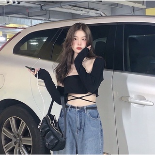 Set áo croptop ống tubetop đan dây chéo+khoác dài tay
