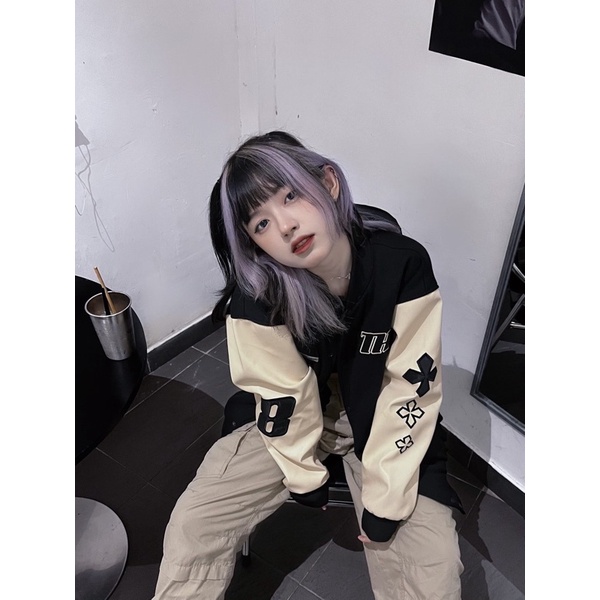 Áo khoác varsity nỉ tay da unisex teeholic màu đen tay da kem varsity jacket bomber local brand