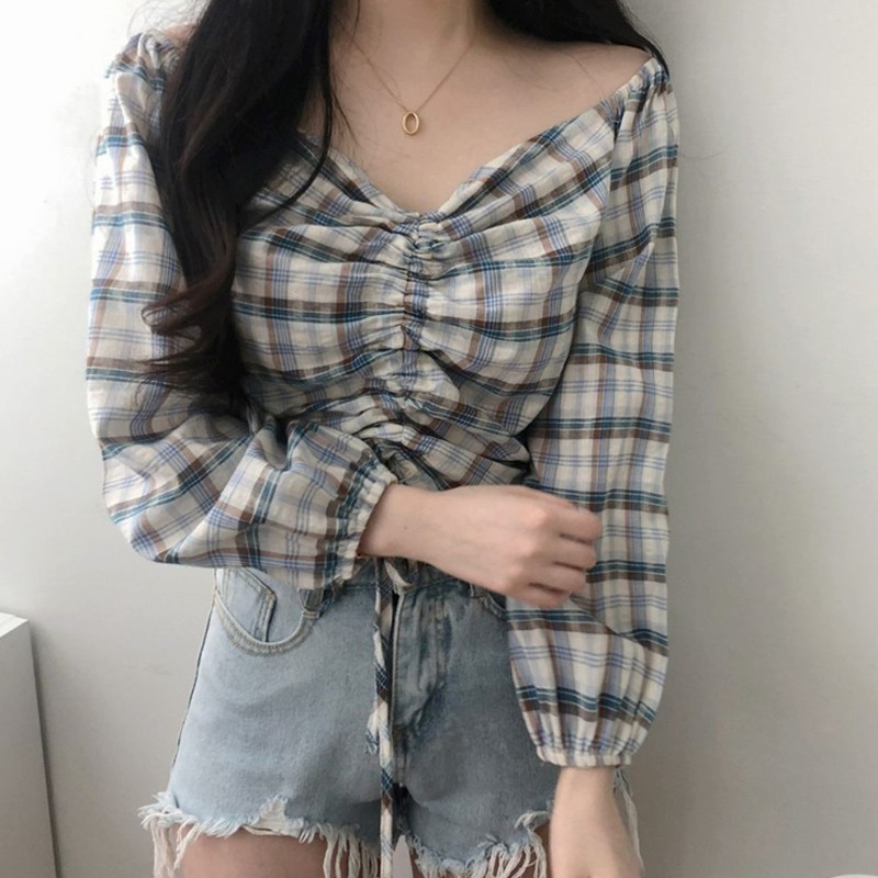 Áo kiểu tay dài cổ chữ V thiết kế dây rút thanh lịch