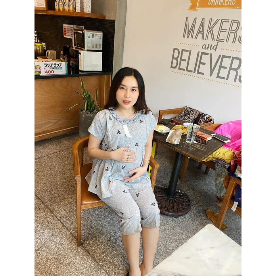 Bộ bầu lửng cổ bèo cài cúc mặc bầu và sau sinh chất thun cotton 100%
