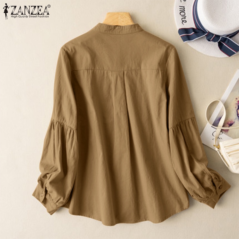 Áo Kiểu ZANZEA Tay Phồng Dài Cổ Đứng Phối Ren Họa Tiết Hoa Cúc Màu Trơn Thanh Lịch Vintage Cho Nữ Mặc Hàng Ngày