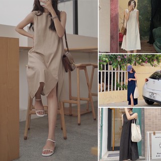Váy Linen ba lỗ suông dáng xẻ phong cách ulzzang Hàn Quốc