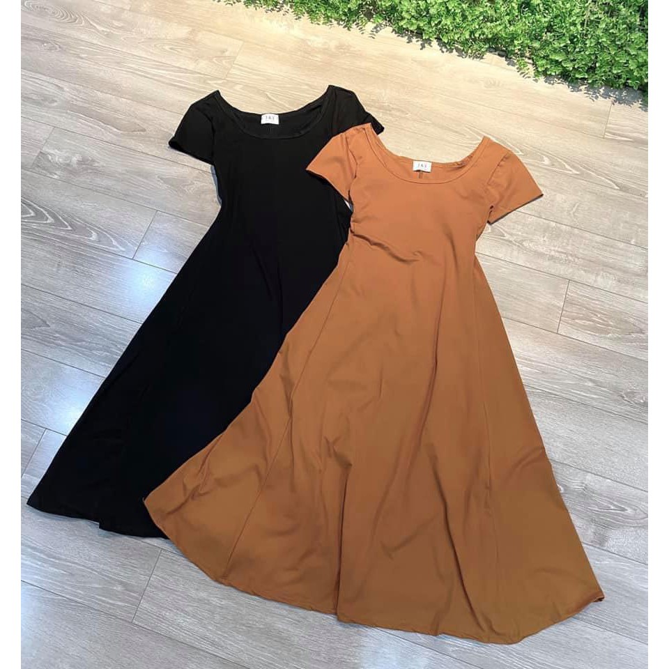 [Mã FAGREEN1505 giảm tới 30K đơn 99K] Váy thun nữ ôm chân xòe CỔ U dáng midi chất cotton co giãn, 2 màu trơn basic | BigBuy360 - bigbuy360.vn