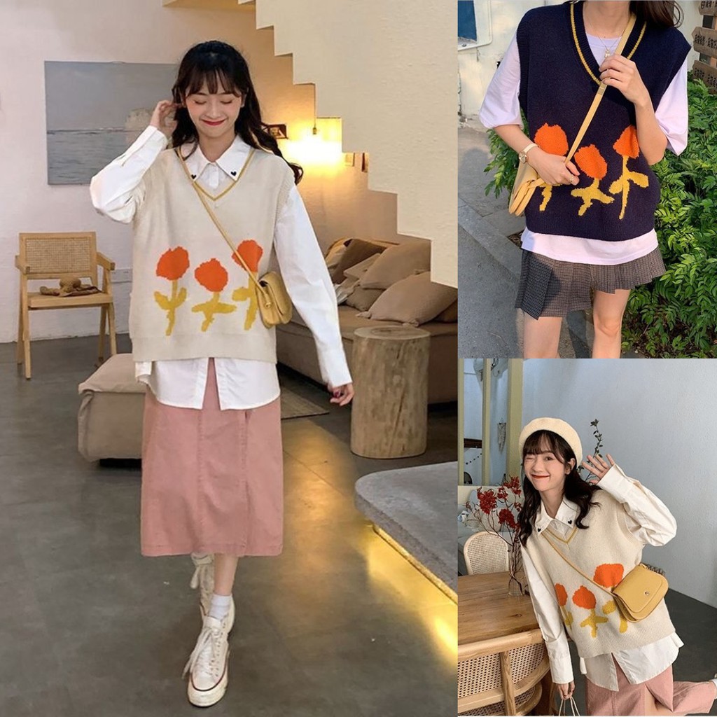 (MỚI) Áo len không tay cổ chữ V form rộng theo phong cách retro Hàn Quốc