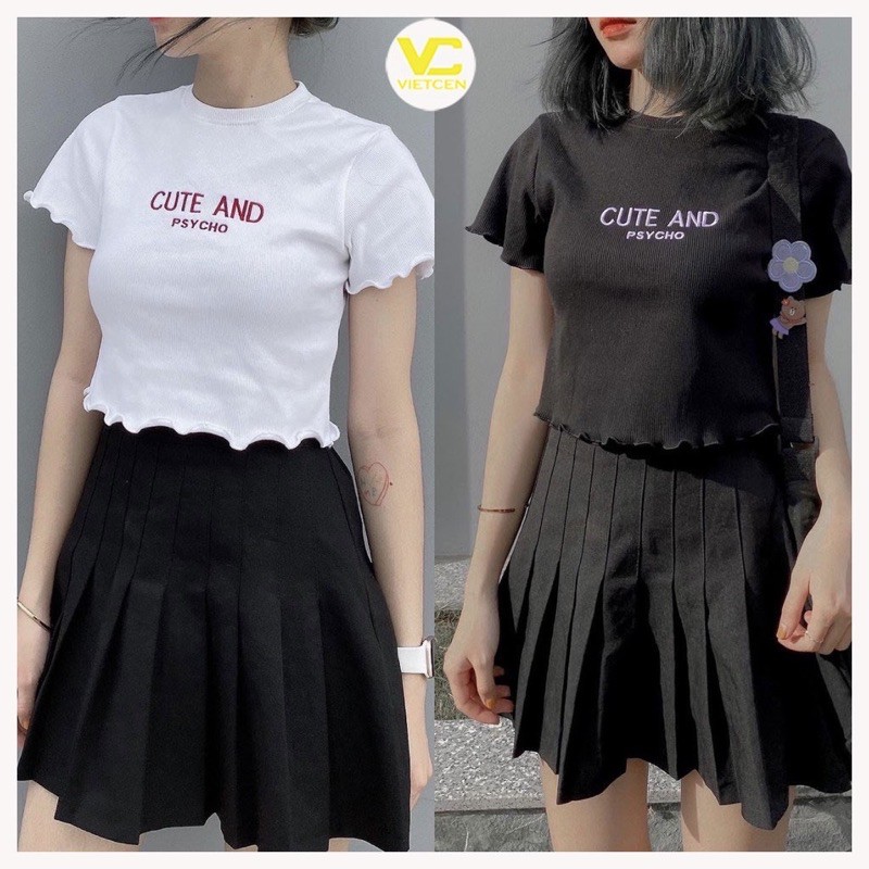 Áo croptop nữ ôm kiểu viền bèo áo crtop ngắn tay CUTE 2 màu trắng đen chất thun đẹp mịn mát