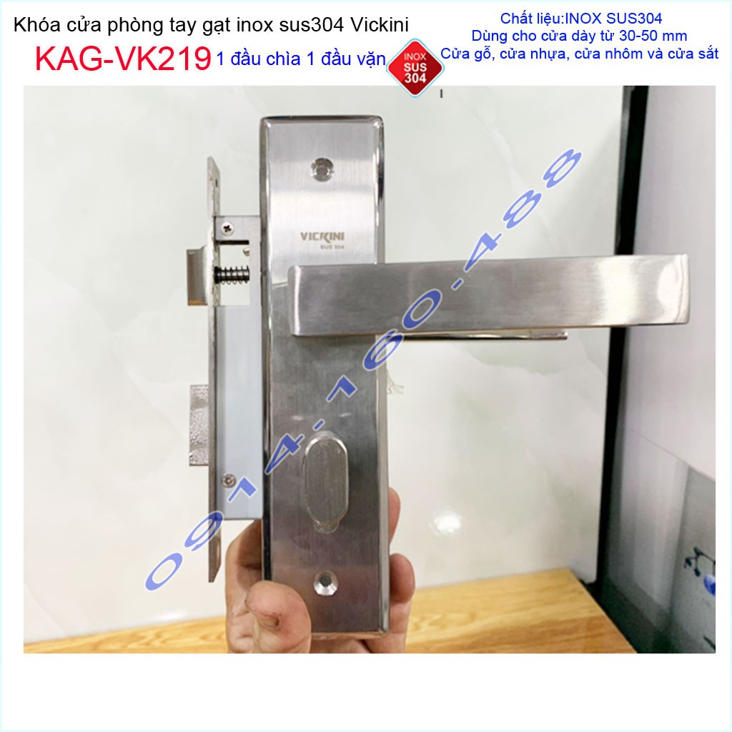 Khóa cửa tay gạt inox KAG-VK219, khóa cửa trọn bộ thân+ tay ốp + ruột khóa Vickini