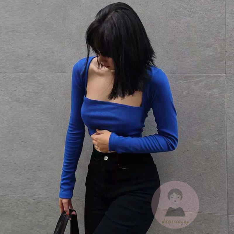 Áo Thun Tay Dài Cổ Vuông Màu Trơn Dáng Ôm Thời Trang Cho Nữ