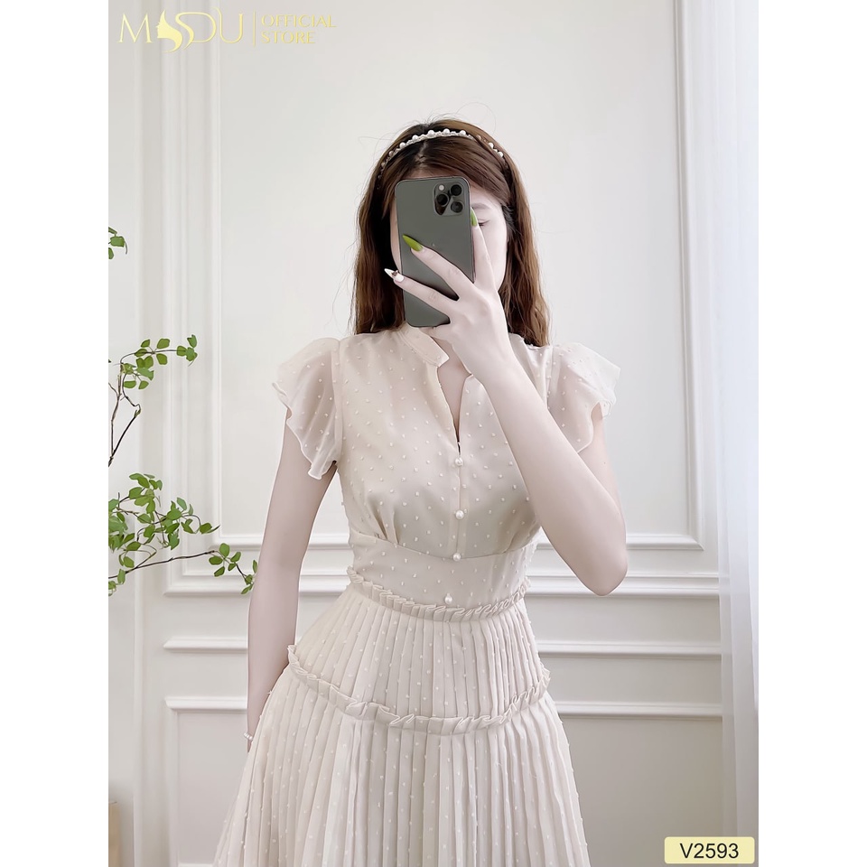 Đầm nữ dáng dài xếp ly tay bèo cổ tàu đính khuy đi tiệc V2593 - THỜI TRANG THIẾT KẾ MDU