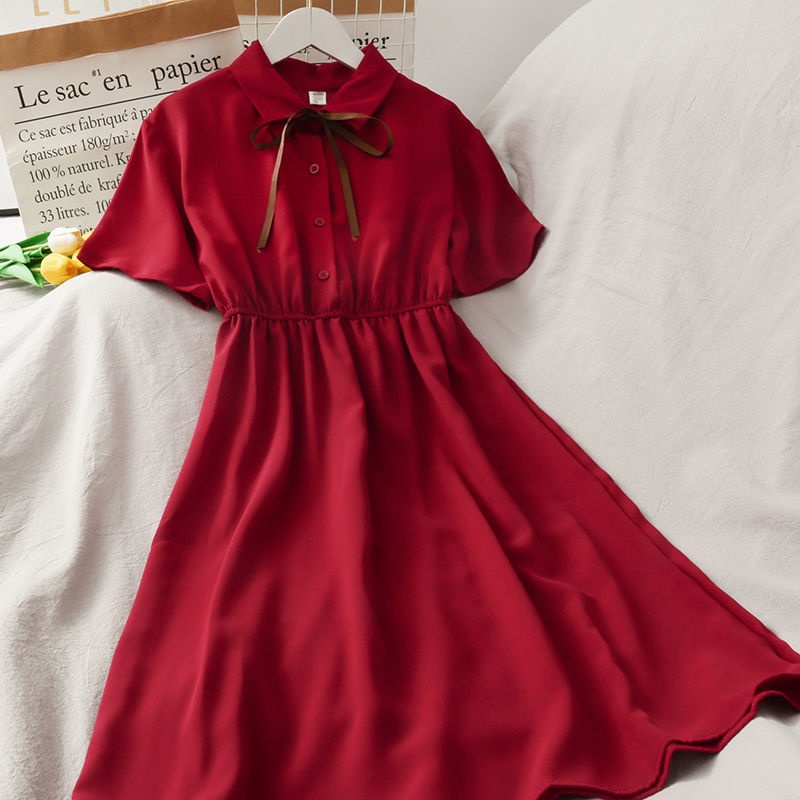 Đầm Chiffon Tay Ngắn Lưng Cao Thắt Dây Phong Cách Hàn Quốc Thời Trang Mùa Hè Mới Cho Nữ