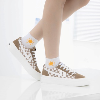 Giày MWC 0639 - Giày Thể Thao Nữ, Sneaker Da Đế Bánh Mì Họa Tiết Sọc Caro Thời Trang