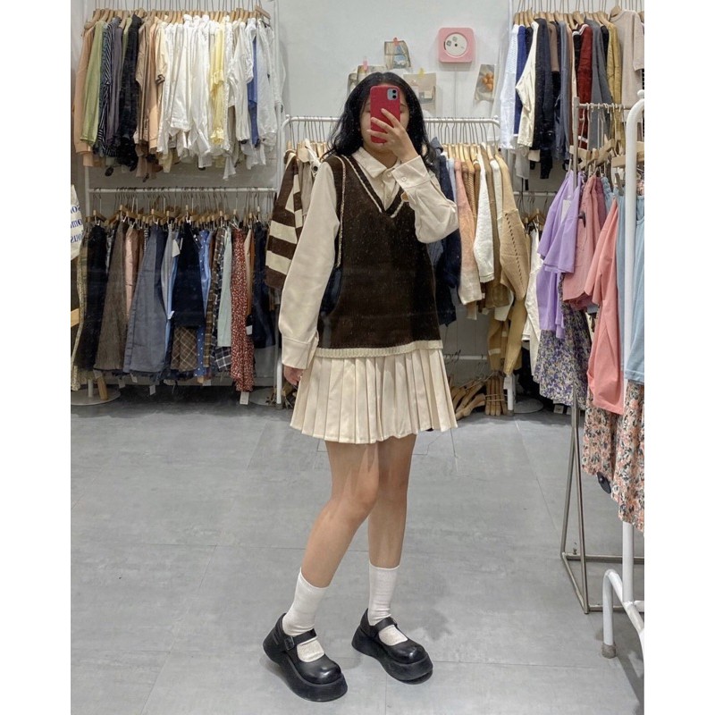 Set váy mix áo gile len