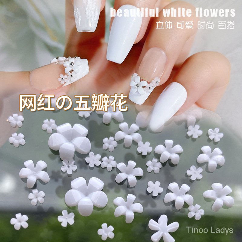 Bộ 100 Miếng Dán Trang Trí Móng Tay Hình Hoa Trắng Ba Chiều Kiểu Nhật
