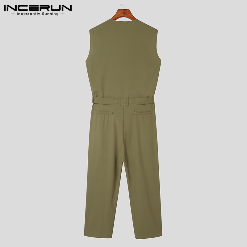 Bộ áo liền quần INCERUN dành cho nam thiết kế cổ chữ V không tay dáng rộng trơn màu phong cách đường phố