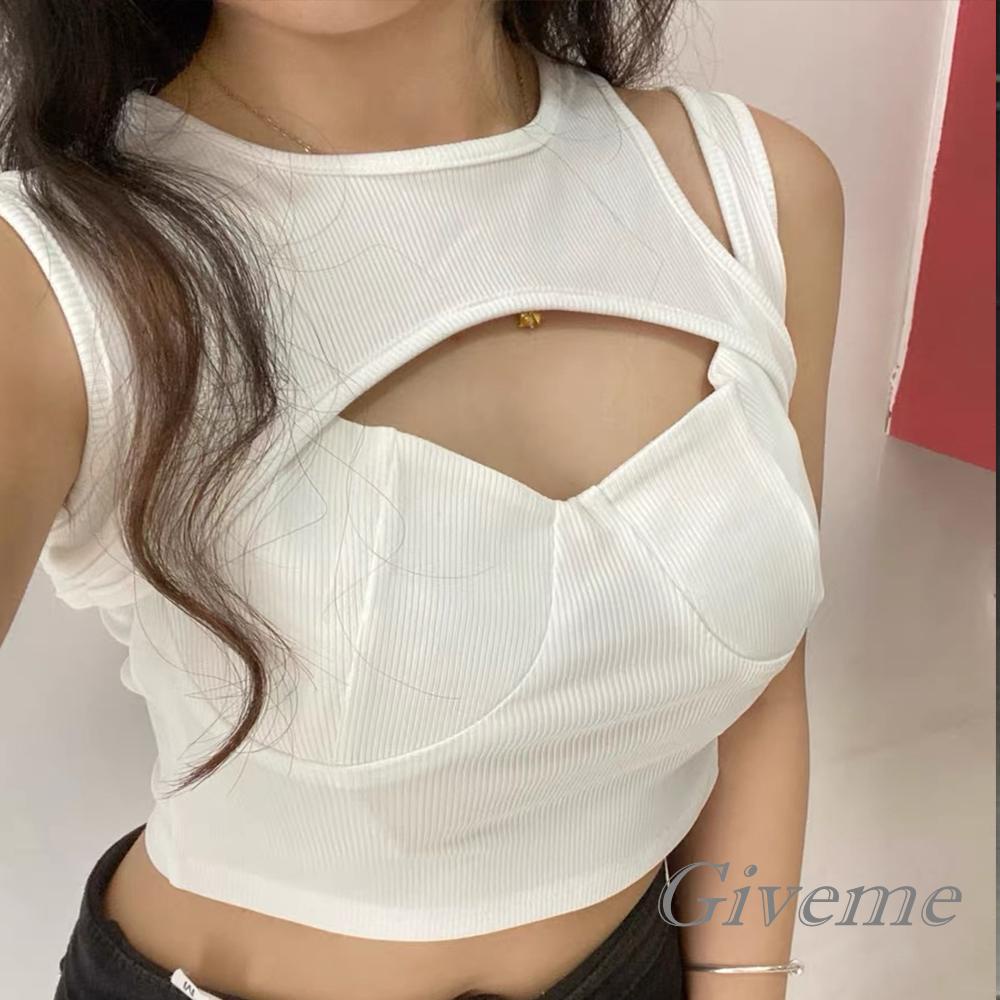 Áo Croptop Không Tay Cổ Tròn Màu Trơn Thiết Kế Khoét Lỗ Thời Trang Cho Nữ