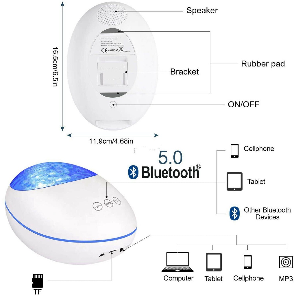 Galaxy Máy Chiếu Đèn LED Phát Nhạc Họa Tiết Sóng Biển Có Loa Bluetooth