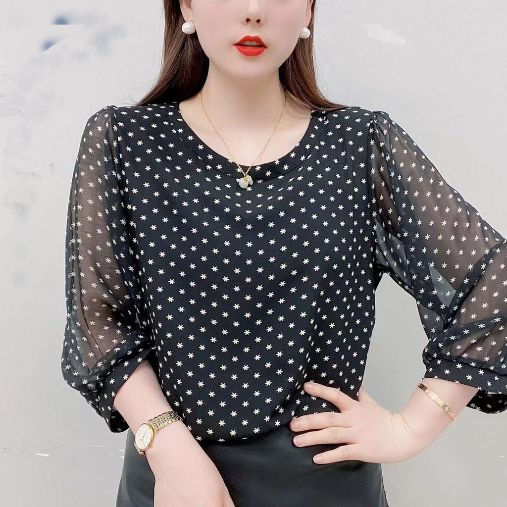 Áo Sơ Mi chiffon Ngắn Tay Cổ Tròn In Họa Tiết Hoa Thời Trang Mùa Hè Cho Nữ
