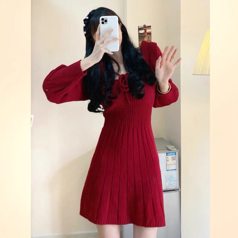 SẴN🖤Đầm tiểu thư len đỏ xoè ulzzang cột dây dễ thương /Váy bánh bèo công chúa trễ vai cổ vuông vintage retr