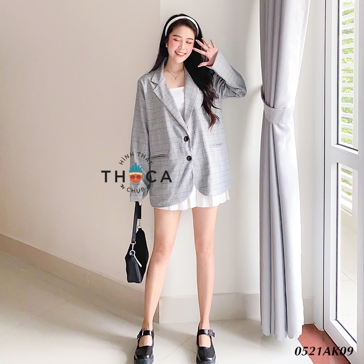 Áo khoác vest nữ túi mổ 2 lớp caro xám xanh THOCA HOUSE blazer công sở chuyên nghiệp, hiện đại