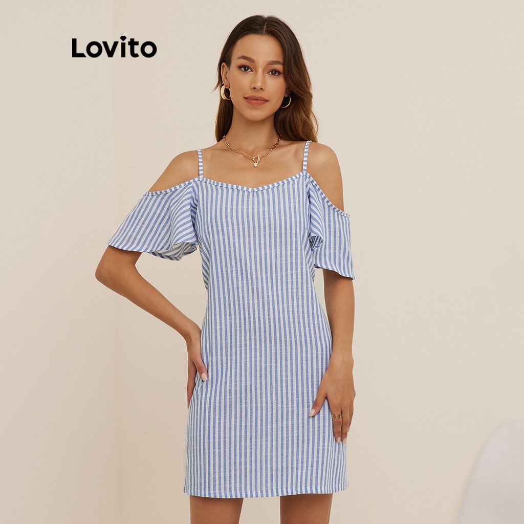 Đầm Lovito phong cách thường ngày kẻ sọc tay cánh bướm dây mảnh L19D260 (màu xanh lam)