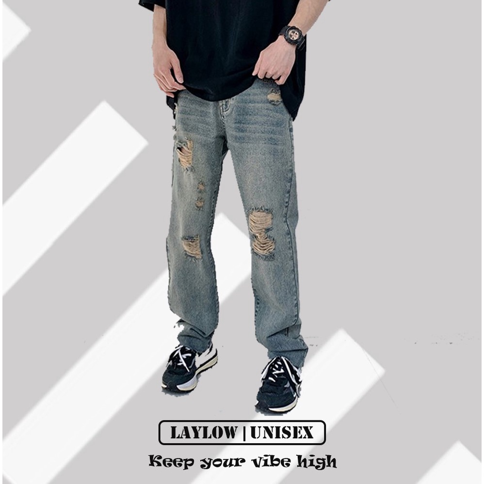 Quần Jean Nam Nữ Ống Suông Rộng Dài Rách Thời Trang Đường Phố Cao Cấp Lay Low Unisex