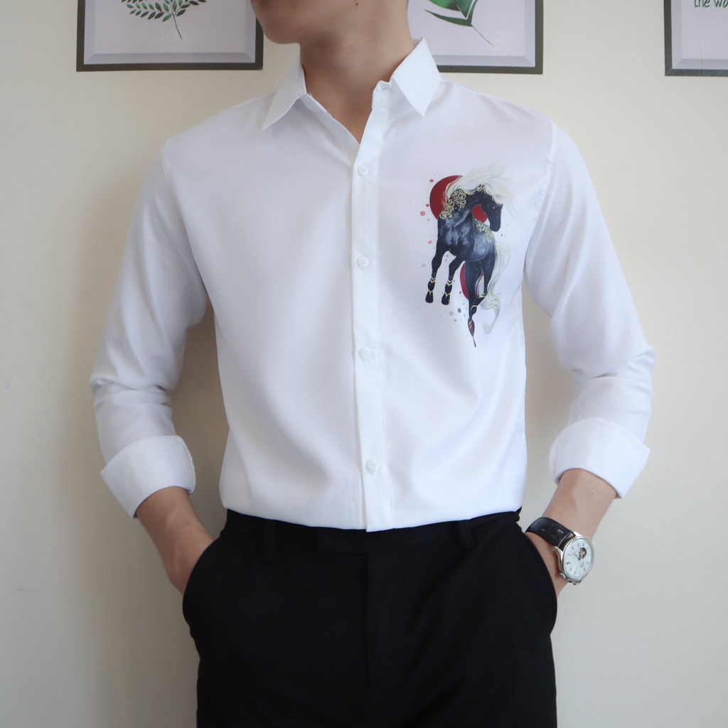 Áo sơ mi nam trắng đen tay dài kiểu đẹp in họa tiết ngựa mẫu mới nhất vải mềm mịn mặc mát cao cấp NEWSHOP02222