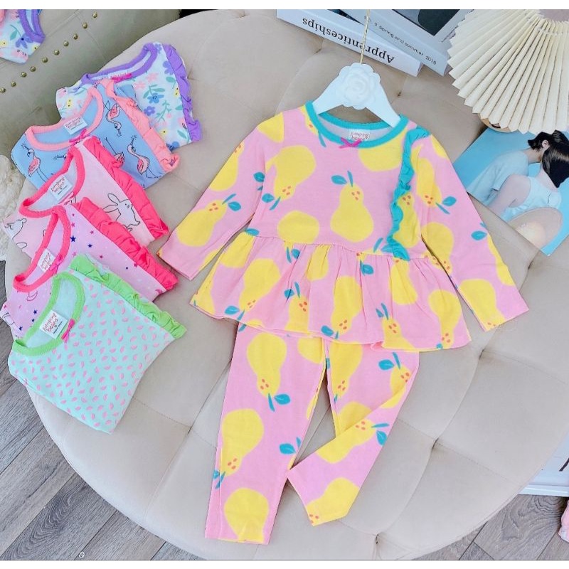 Bộ Bánh Bèo Bé Gái Dài Tay Thu Đông cotton xuất Nhật co dãn