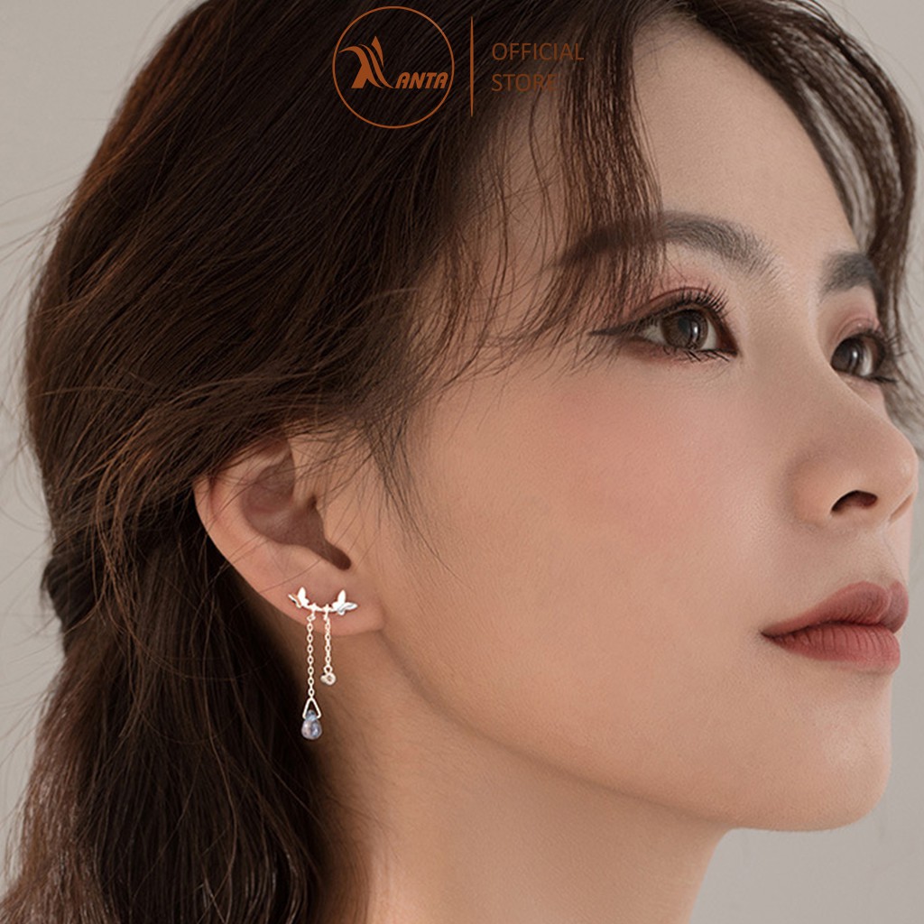 Bông Tai Bạc 925 ATJ7054B Hình Bướm Thả Dài Đính Đá Pha Lê Xanh Phong Cách Hàn Quốc -  ANTA Jewelry