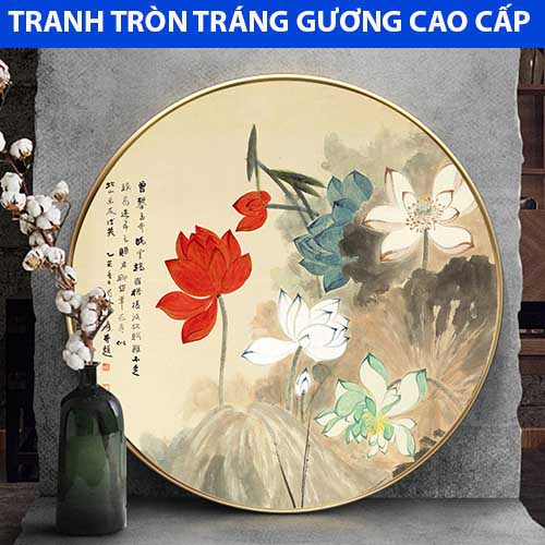 Tranh tráng gương tròn hoa sen cổ điển nhiều size làm theo yêu cầu tạo nét đẹp phong thuỷ cho gia chủ BH 5 năm tặng đinh