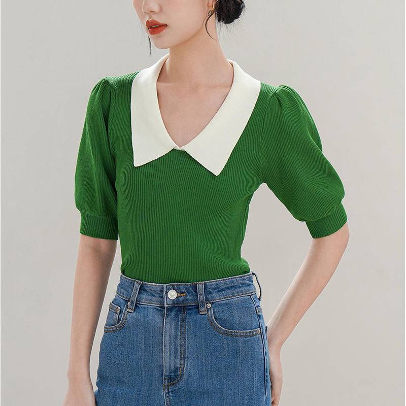 Áo Dệt Kim Tay Phồng Cổ polo Dáng Ôm Thời Trang Pháp Cổ Điển Cho Nữ