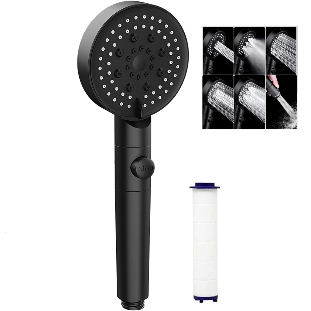 Đầu Vòi Hoa Sen Áp Suất Cao 6 Tốc Độ Điều Chỉnh Được Màu Đen Cầm Tay Với Vòi Hoa Sen Có Công Tắc Cảm Ứng Và Bộ Lọc Tăng Áp