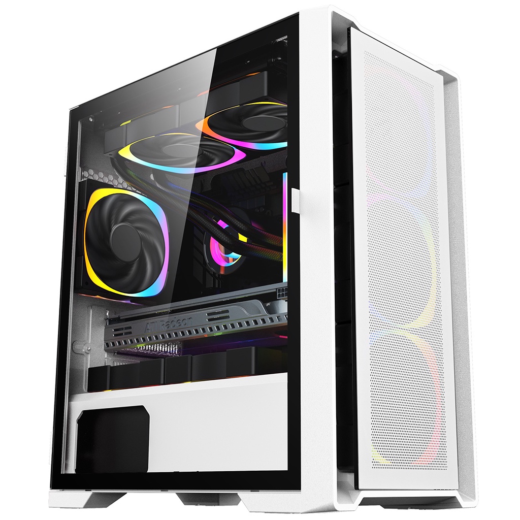 Vỏ case máy tính PC Kenoo E500 Esport 3F tặng kèm 3 Fan LED RGB thiết kế mặt kính dạng cửa mở M-ATX