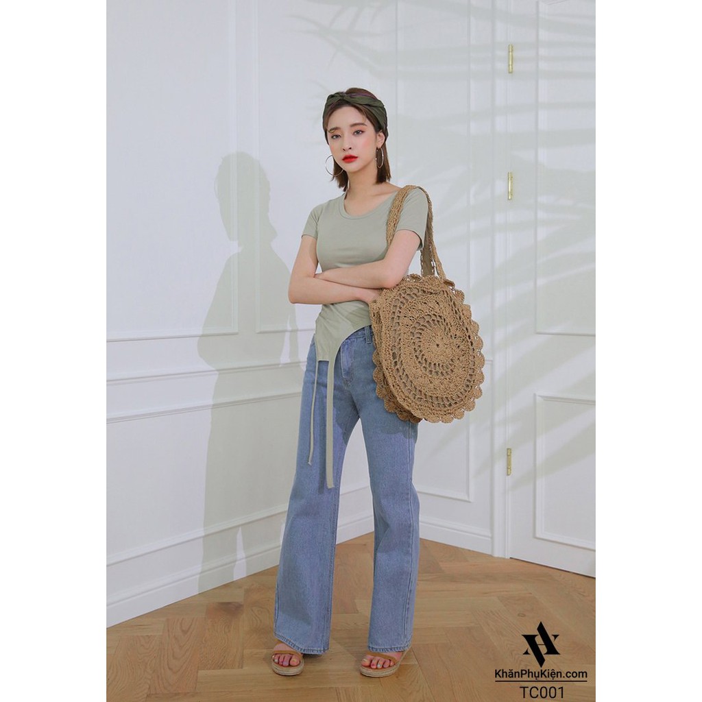 [NowShip - Giao Ngay] Túi Cói Boho Vintage Đeo Vai Hình Tròn Họa Tiết Màu Nâu Trơn