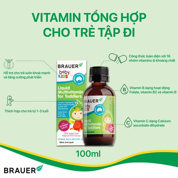 Vitamin Tổng Hợp Brauer Baby &amp; Kids Liquid Multivitamin for Toddlers 100ml cho bé từ 1 - 3 tuổi