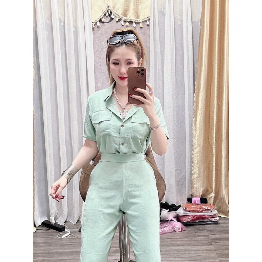 Set bộ sơ mi đũi 2 túi quần dài, bộ nữ cộc tay quần ống xuông đi chơi dạo phố xinh xắn