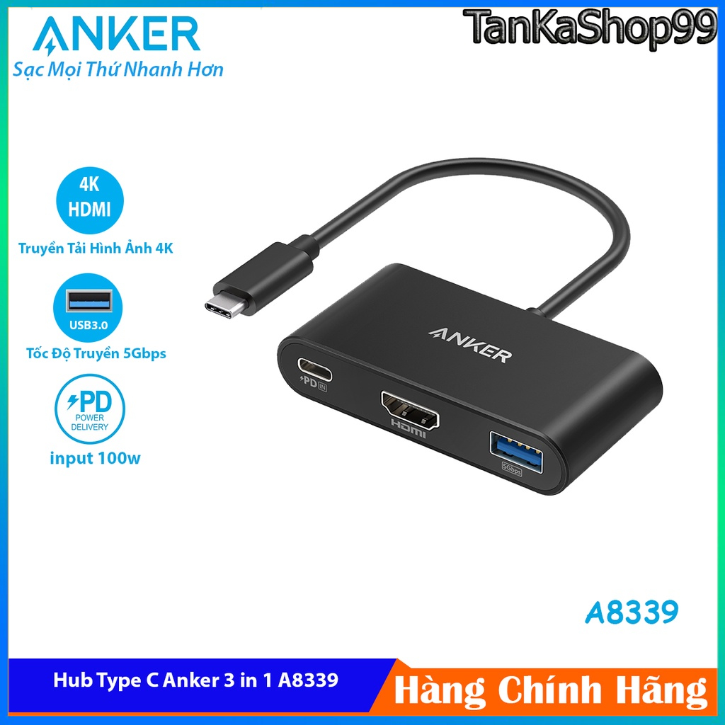 Hub Type C Anker PowerExpand 3 in 1 Chia Cổng Đa Năng A8339