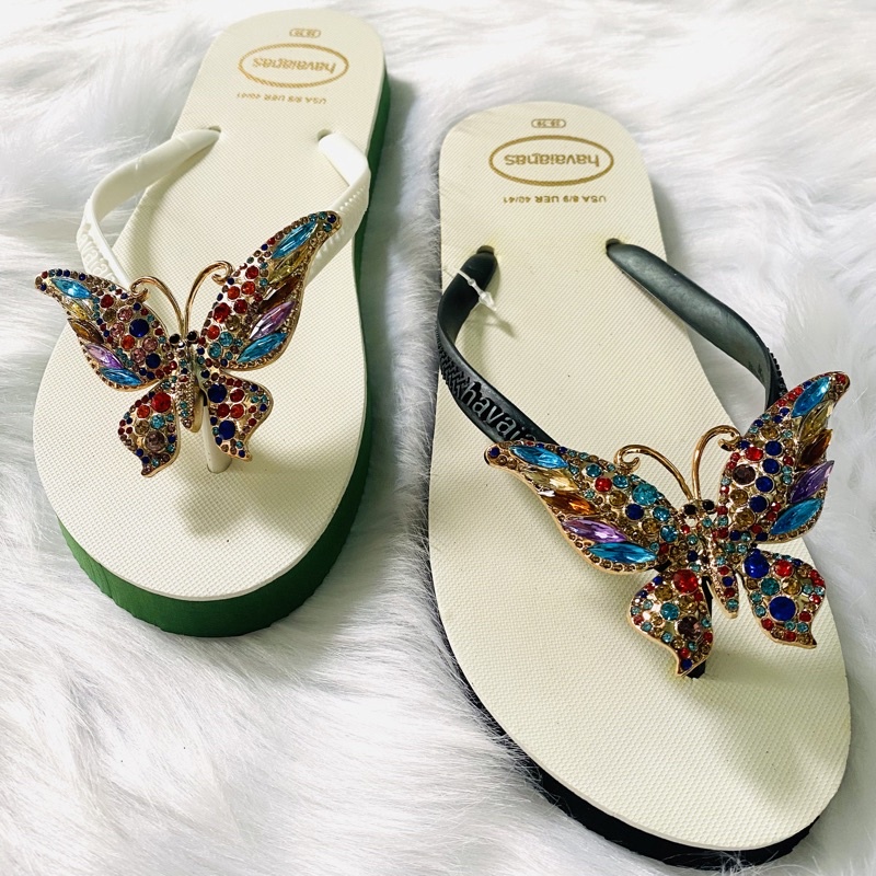 Dép kẹp xỏ ngón đính bướm đá thật, dép tông nữ 2 tầng gia công hàng handmade siêu bền đẹp
