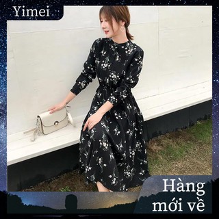 Korean style classic long-sleeve floral chiffon dress