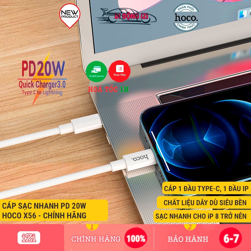 Cáp Sạc Nhanh 20W PD Cho IP 14/13/12/11/Xs Max/X/8 - Cáp Sạc Hoco X56  Type-C Ra iP Dù Siêu Nhanh, Siêu Bền [CHÍNH HÃNG]