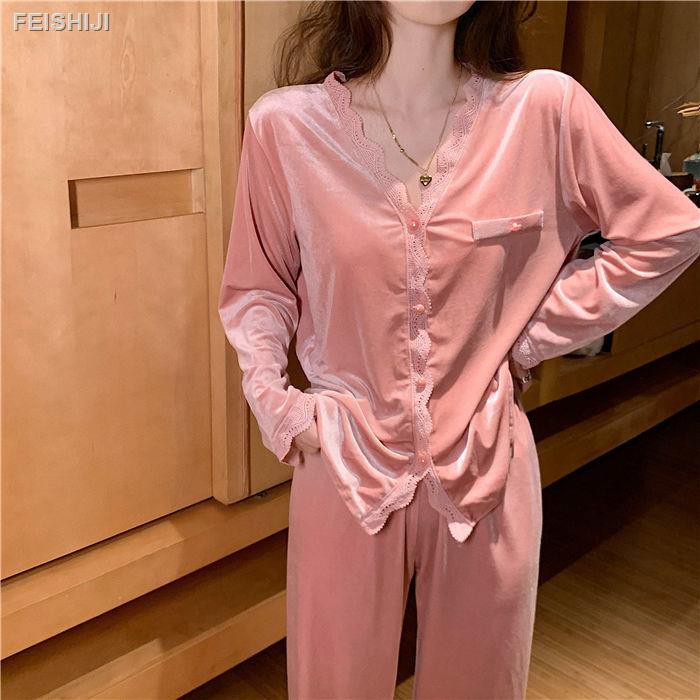 Bộ đồ ngủ tay dài chất nhung phong cách Hàn Quốc thời trang thu đông cho nữ hàng có sẵn Nhiều mẫu