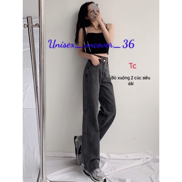 Quần Jeans Bò Nữ Ống Rộng 2 Cúc Khói &amp; Xanh