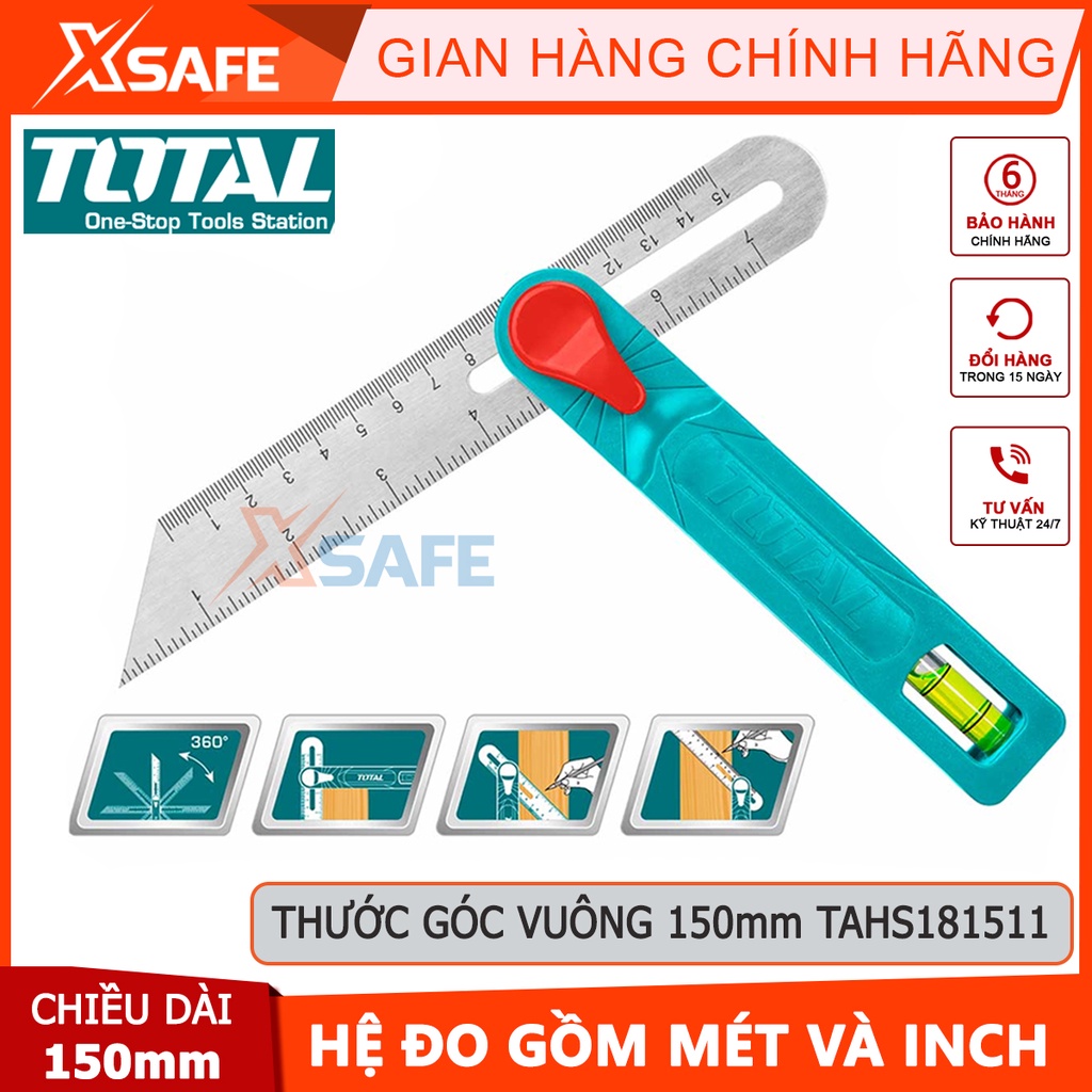 Thước góc vuông 150mm TOTAL TAHS181511, có mực nước thủy, chiều rộng lưỡi thước 28mm, thước thủy đánh dấu góc chính xác