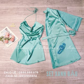 Đầm ngủ lụa yếm xẻ tà sexy - Set choàng lụa
