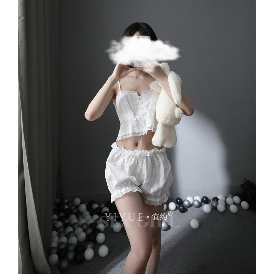 Bộ đồ ngủ nữ gợi cảm hai dây màu trắng thô đũi - Đồ ngủ sexy nữ YL05