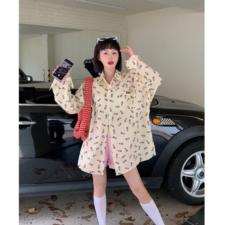 Áo Sơ Mi Tay Dài Dáng Rộng In Họa Tiết Chú Gấu Phong Cách Hàn Quốc Cổ Điển Thời Trang Cho Nữ