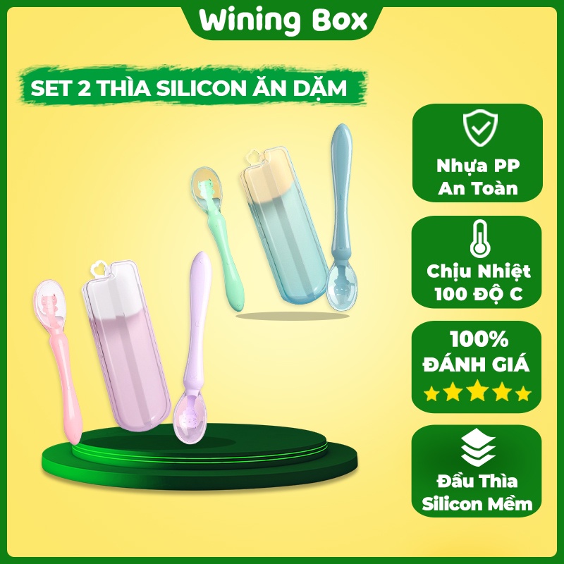 Set 2 thìa ăn dặm silicon cho bé cao cấp, có hộp đựng vệ sinh tiện lợi Winingbox