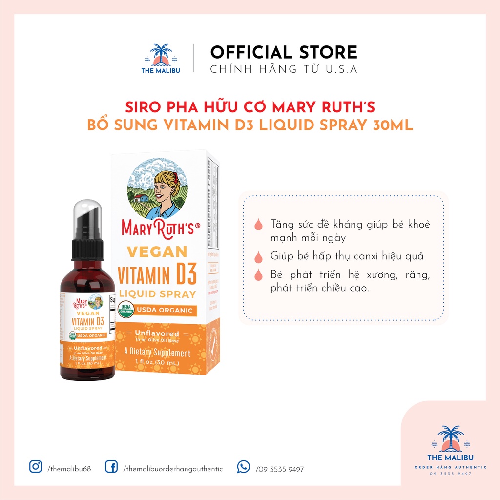 Vitamin D3 hữu cơ dạng xịt Mary ruth's Vegan cho bé từ 6m+ 30ml